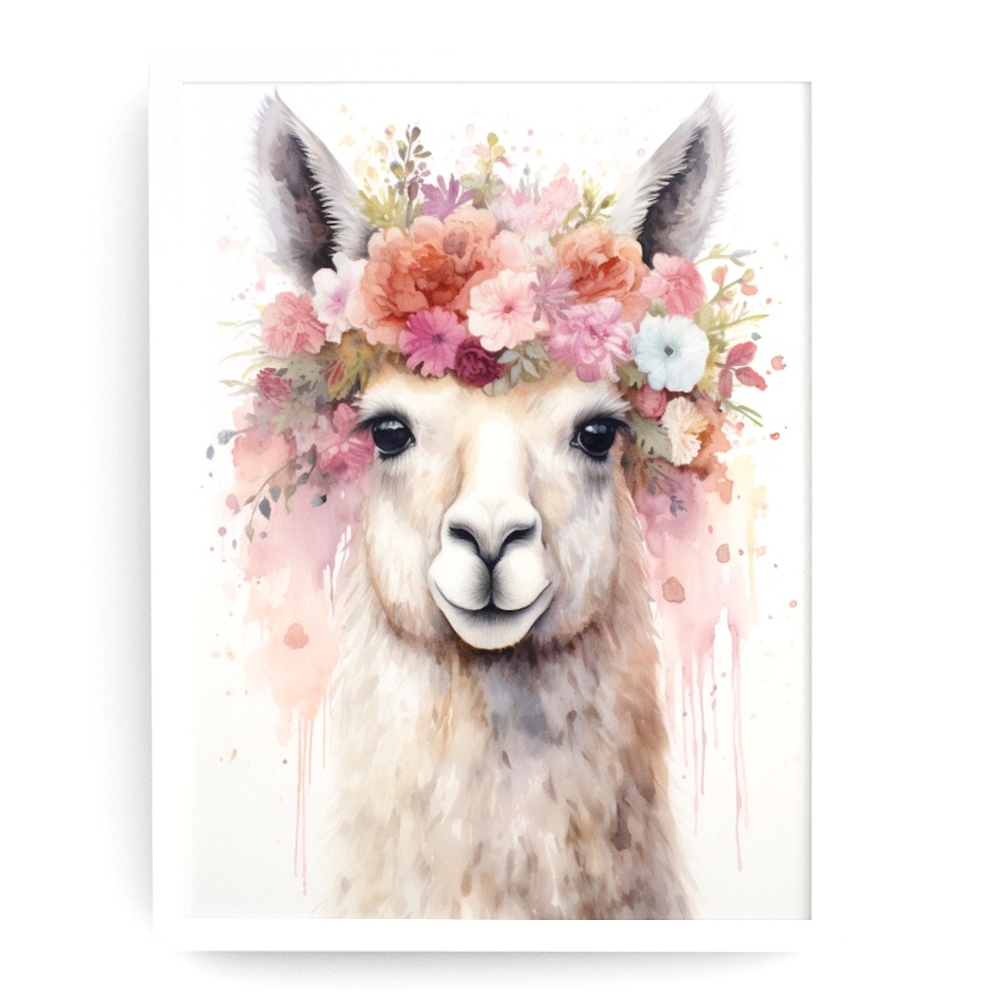 Watercolor Cute Floral Llama Wall Art Illustration Print Poster Card Unframed
